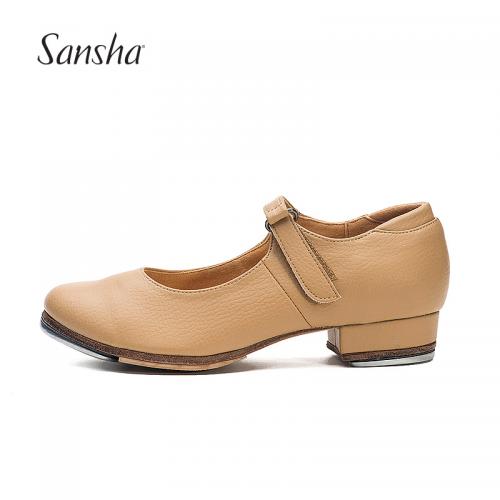 Sansha 法国三沙儿童女式少儿牛皮踢踏舞蹈鞋带跟练功鞋不同色