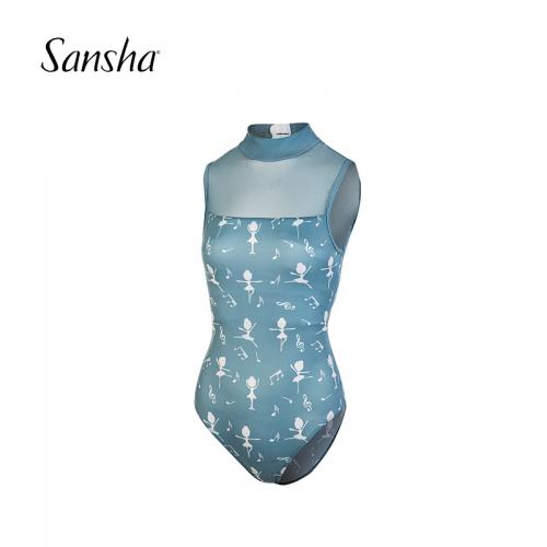 Sansha 三沙成人芭蕾舞练功服高领印花舞蹈连体服女蕾丝体操演出
