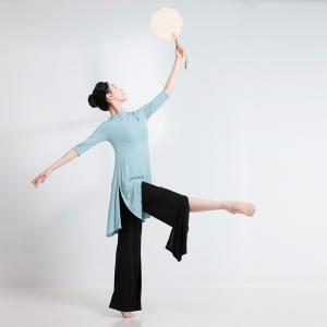 sansha 三沙现代舞服女 五分袖上衣不规则开叉下摆舞蹈服练功服