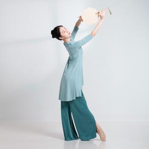 sansha 三沙现代舞服女 五分袖上衣不规则开叉下摆舞蹈服练功服