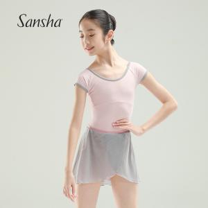 sansha 法国三沙少女芭蕾舞服 撞色短袖练功服圆领高胯舞蹈连体服