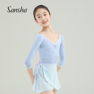 sansha 三沙少女舞蹈服 芭蕾舞圆领练功服七分袖撞色连体服秋冬