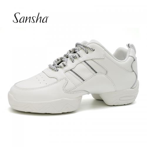 sansha 三沙广场舞鞋 白色牛皮跳舞鞋两片底现代舞鞋健身运动鞋