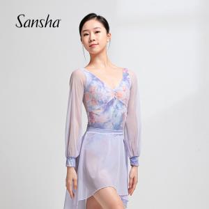 sansha 三沙芭蕾舞服女 V领印花舞蹈连体服灯笼袖空中瑜伽练功服