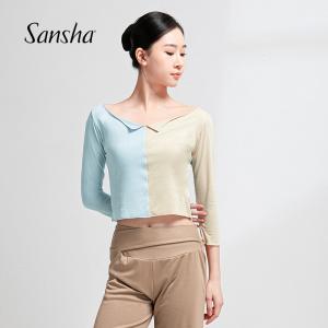 sansha 三沙现代舞服女 瑜伽舞蹈修身上衣短款七分袖撞色练功服