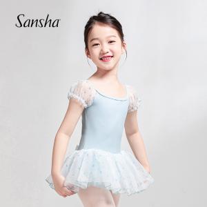 sansha 三沙儿童舞蹈纱裙 芭蕾舞连体服女爱心泡泡袖表演裙开裆