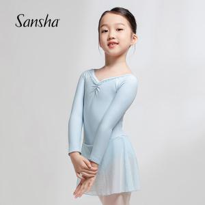 sansha 三沙芭蕾舞练功服 儿童舞蹈服长袖裙雪纺V领蕾丝连体服裙