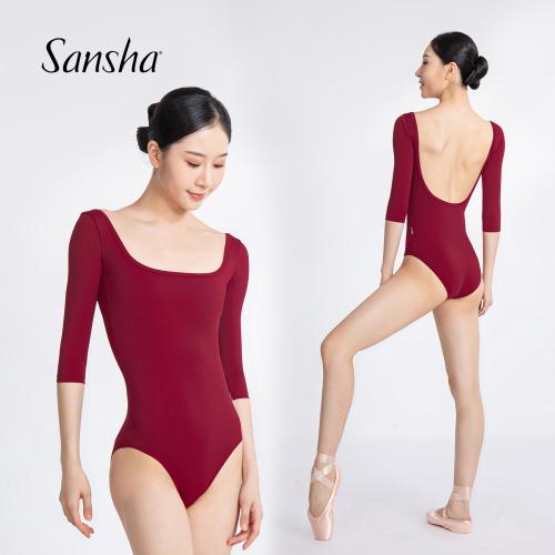 sansha 三沙成功舞蹈服女 芭蕾舞七分袖练功服方领大露背连体服