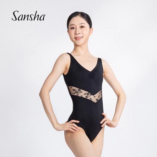 sansha 法国三沙成人舞蹈服女V领大背练功服芭蕾舞连体服蕾丝拼接