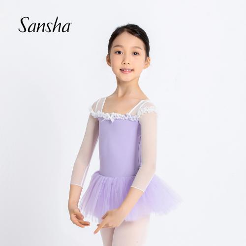 sansha三沙儿童舞蹈裙 开裆连体芭蕾舞练功蓬蓬裙网纱7分袖表演裙