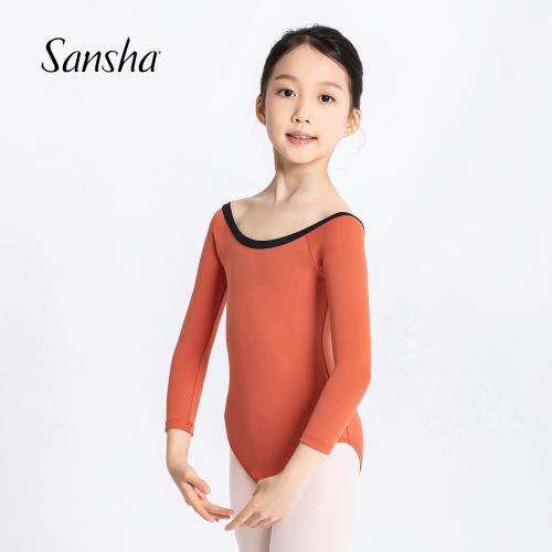 Sansha 三沙长袖舞蹈服儿童女 芭蕾舞练功服秋圆领撞色连体服演出