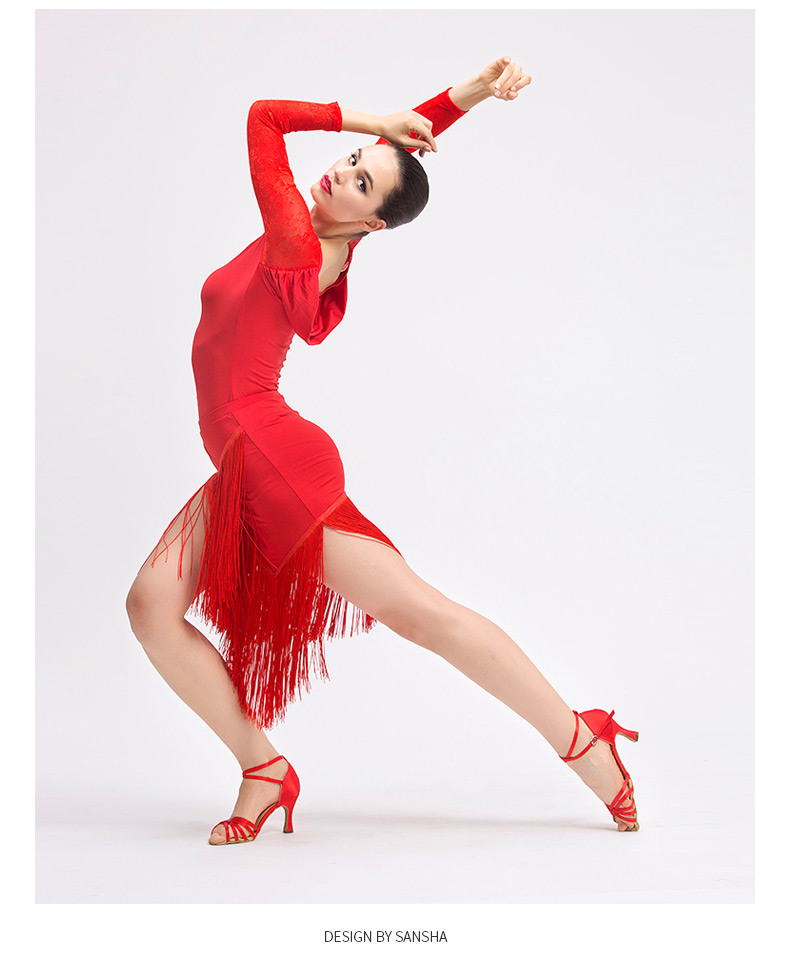 sansha 法国三沙新款成人女长袖舞蹈服蕾丝圆领拉丁舞服套头上衣